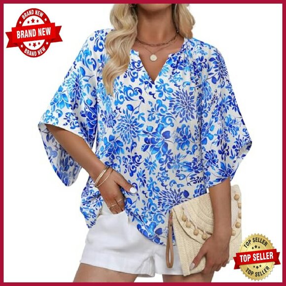 Women's 3/4 Sleeve V-Neck Bohemian Tunic Top Loose Fit Blouse - Picture 3 of 8